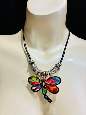 Multicolor Enamel Dragonfly Pendant Casual Necklace on Black Leather Cord